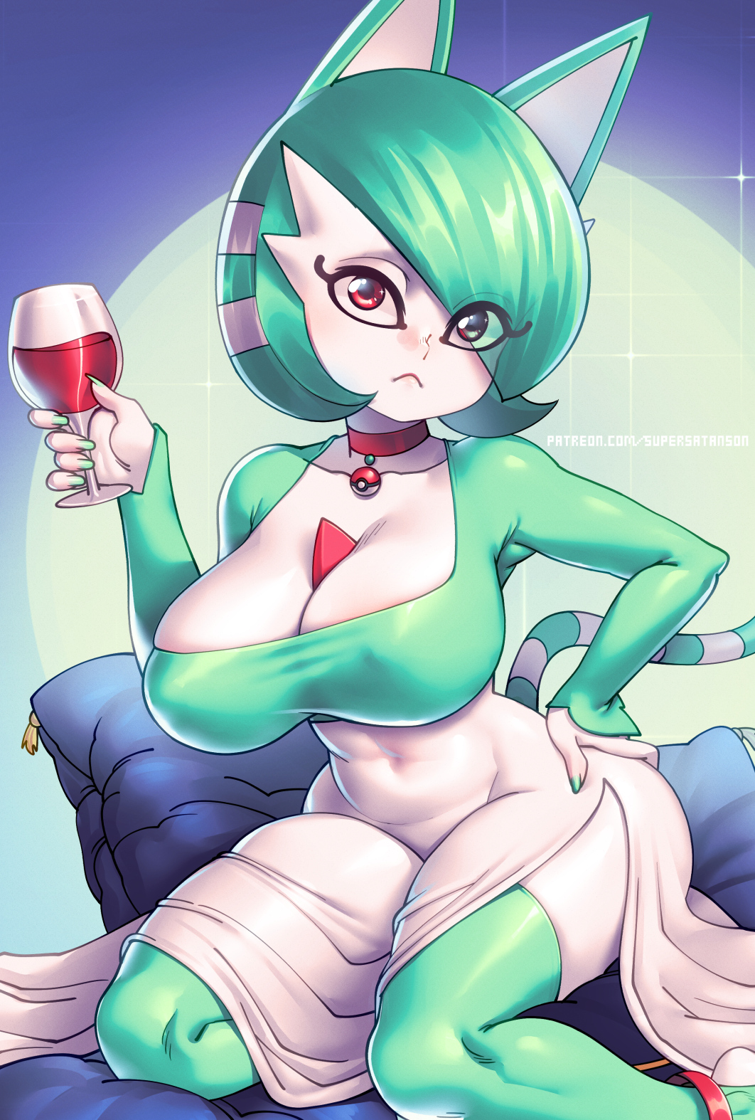 1girl :&lt; alcohol animal_crossing animal_ears ankha_(animal_crossing) artist_name bob_cut breasts cat_ears cat_girl cat_tail choker cleavage closed_mouth collarbone colored_skin covered_erect_nipples covered_navel creatures_(company) cup drink drinking_glass eyes_visible_through_hair female_focus fingernails fusion game_freak gardevoir gen_3_pokemon green_background green_hair green_shirt green_thighhighs hair_over_one_eye hand_on_own_hip hand_up high-waist_skirt highres holding holding_drink holding_drinking_glass large_breasts long_sleeves looking_at_viewer multicolored_hair nail_polish nintendo patreon_username poke_ball poke_ball_(basic) poke_ball_theme pokemon pokemon_(creature) red_choker red_eyes shirt short_hair sitting skindentation skirt solo sparkle stirrup_legwear striped_tail supersatanson swept_bangs tail thighhighs toeless_legwear two-tone_background two-tone_hair watermark web_address white_hair white_skin white_skirt wide_hips wine wine_glass yokozuwari