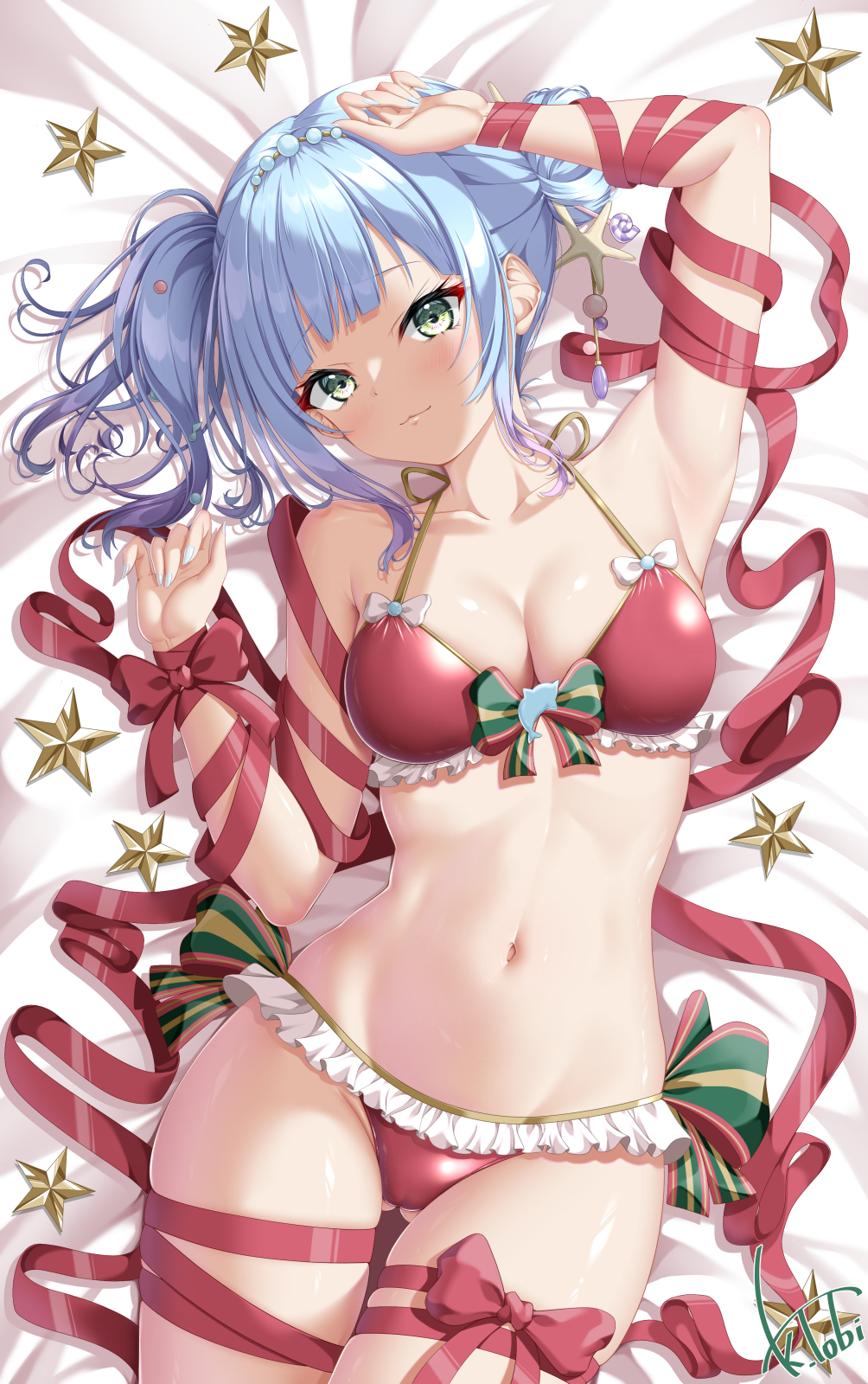 1girl :3 arm_ribbon bed_sheet bikini blue_hair blue_nails blunt_bangs blush bow breasts christmas cleavage commission cowboy_shot frilled_bikini frills gluteal_fold gradient_hair green_eyes hair_bun hair_ornament hairpin halterneck highres indie_virtual_youtuber kogarashi_tobi leg_ribbon light_blue_hair looking_at_viewer medium_breasts mioli_luka multicolored_hair navel on_bed purple_hair red_bikini red_ribbon ribbon santa_bikini short_hair side_ponytail sidelocks signature skeb_commission skindentation smile solo star_(symbol) swimsuit thigh_ribbon virtual_youtuber