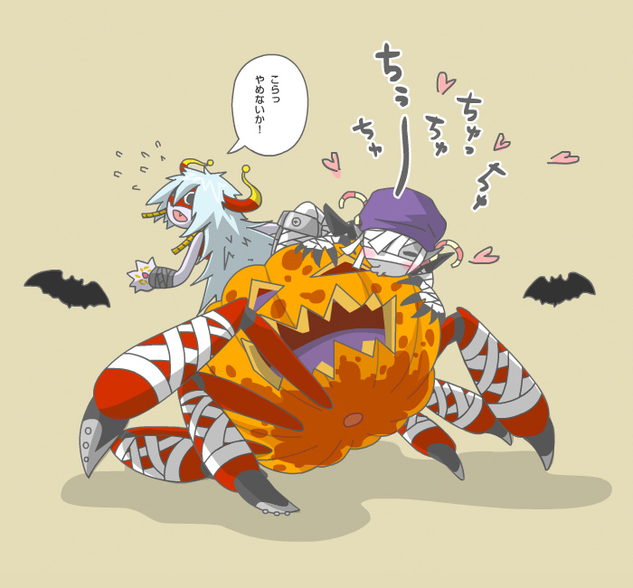 archnemon arthropod_girl bat_(animal) blue_hair digimon digimon_(creature) halloween horns insect_girl mask monster_girl mummymon spider_girl translation_request