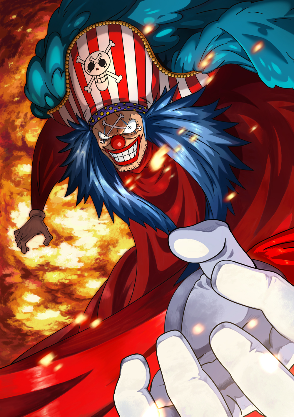 1boy blue_hair buggy_the_clown clenched_teeth clown_nose commentary commentary_request english_commentary facepaint facial_hair gloves hat highres long_hair looking_at_viewer male_focus mixed-language_commentary oda_eiichirou official_art one_piece pirate_hat red_nose sideburns skull_and_crossbones smile solo teeth white_gloves