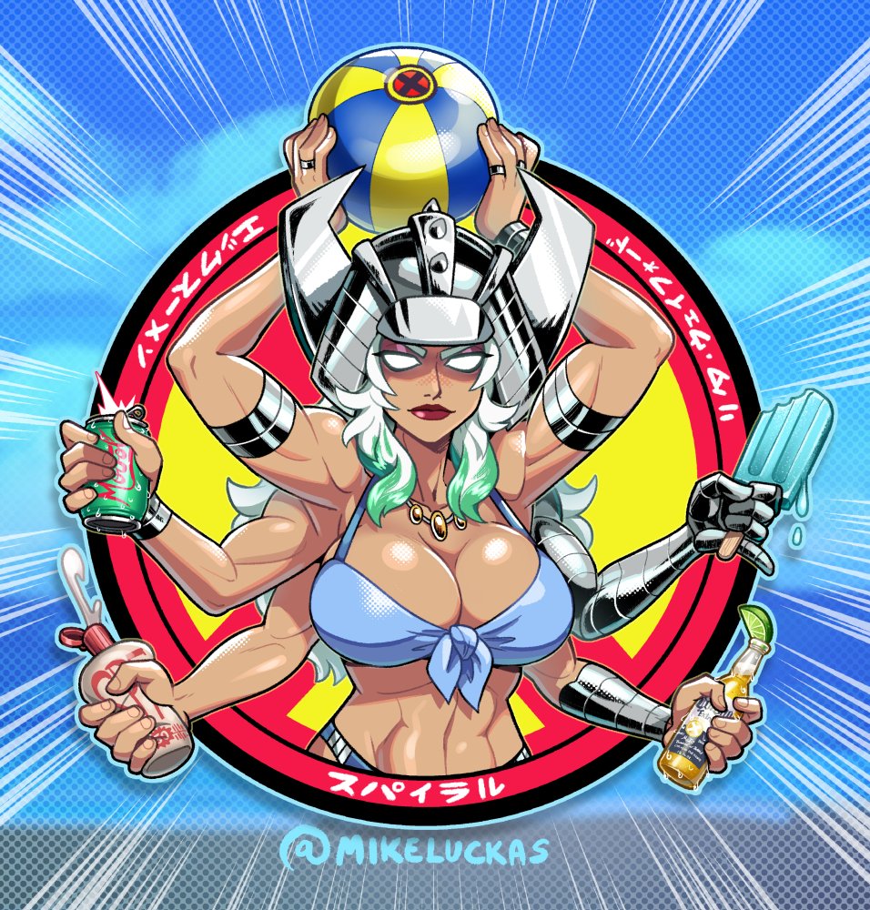 1girl abs armor ball beachball bikini blue_bikini bottle breasts can commentary drink_can emphasis_lines extra_arms food glowing glowing_eyes helmet holding holding_ball large_breasts lipstick looking_at_viewer lotion makeup marvel mike_luckas muscular muscular_female no_pupils popsicle silver_armor soda_can solo spiral_(marvel) sunscreen swimsuit translation_request twitter_username upper_body white_eyes x-men