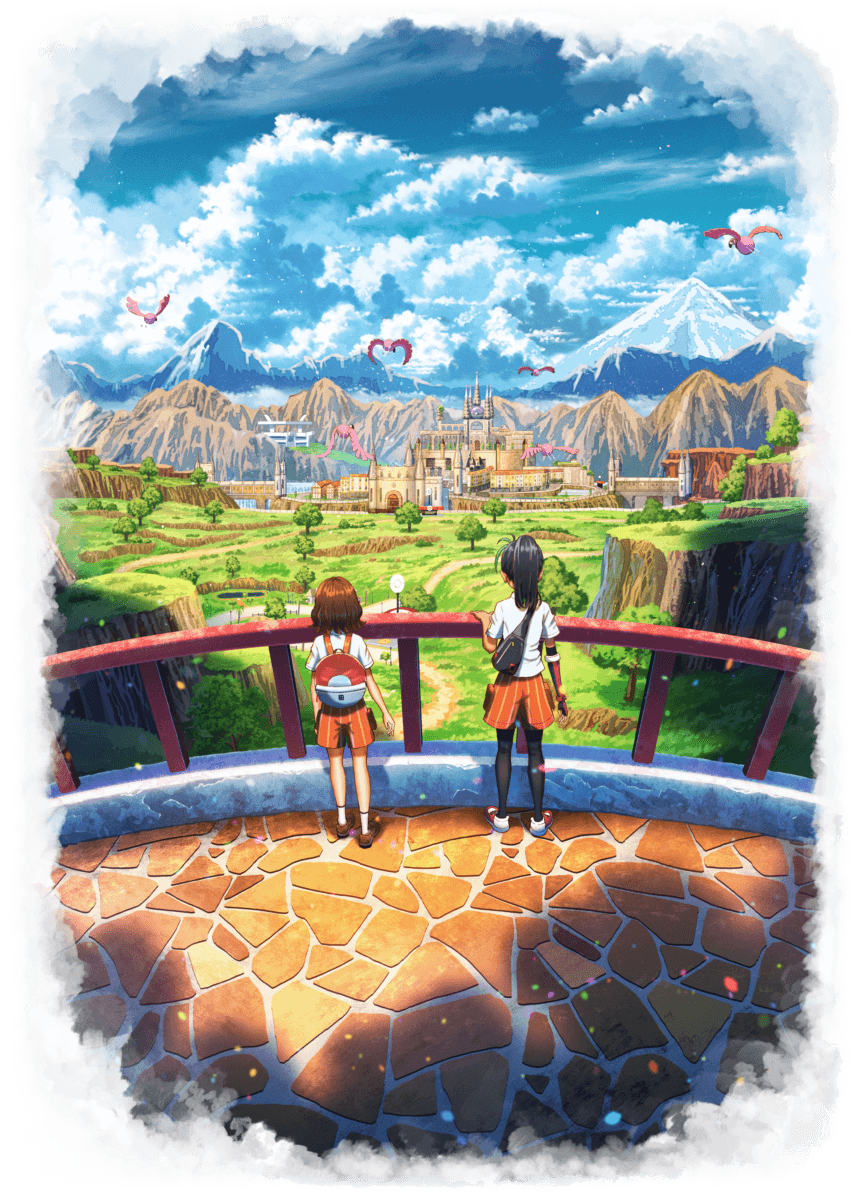 2girls anna_(pokemon) backpack bag bird black_hair black_pantyhose brown_footwear brown_hair cloud creatures_(company) day fence flamigo from_behind game_freak hand_up highres multiple_girls nemona_(pokemon) nintendo orange_shorts outdoors pantyhose pokemon pokemon_(creature) pokemon_sv ponytail school_uniform shirt shoes short_sleeves shorts shuu_illust sky socks standing tree white_shirt white_socks