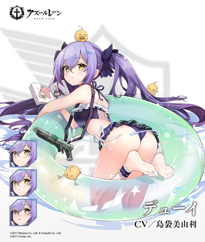 1girl alternate_costume ass azur_lane bikini blush book breasts brown_eyes commentary_request dewey_(azur_lane) dewey_(summer_longing)_(azur_lane) expressions flag garrison_cap gun hair_ribbon hat huoyi_(zzh100200) long_hair manjuu_(azur_lane) official_alternate_costume official_art purple_hair ribbon small_breasts swimsuit twintails very_long_hair weapon