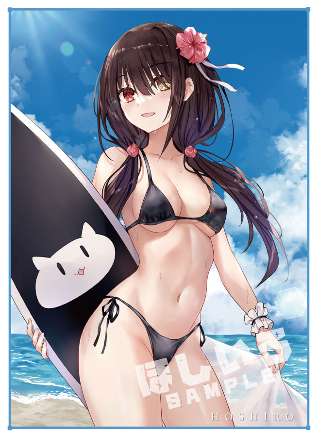 1girl asle bare_legs bare_shoulders beach bikini black_bikini black_hair blue_sky breasts clock_eyes cowboy_shot date_a_live flower hair_flower hair_ornament heterochromia holding holding_surfboard large_breasts long_hair midriff navel ocean outdoors red_eyes sample_watermark sand second-party_source sky summer surfboard swimsuit symbol-shaped_pupils thighs tokisaki_kurumi twintails uneven_twintails watermark yellow_eyes