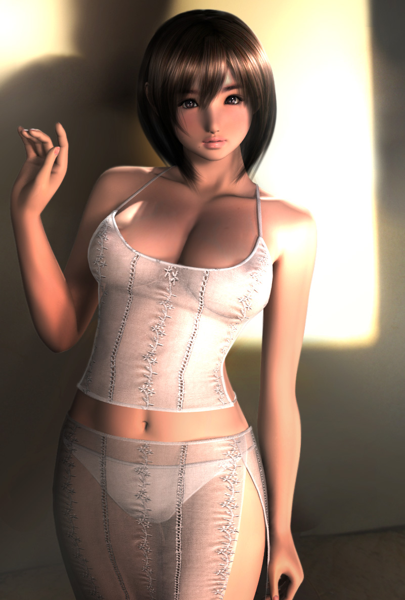 1girl 3d bad_id bad_pixiv_id breasts brown_eyes brown_hair cleavage female_focus hinemaru large_breasts lips md5_mismatch original panties realistic see-through_clothes short_hair solo underwear