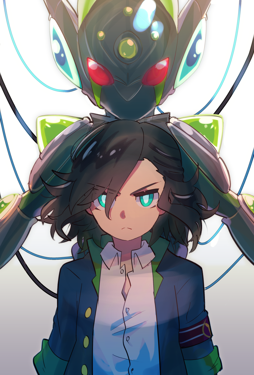 1boy aqua_eyes arms_at_sides backlighting behind_another black_hair black_jacket bright_pupils collared_shirt gradient_background highres jacket kirigakure_ranto looking_ahead male_focus mersey mist_shadow open_clothes open_jacket shirt straight-on white_pupils white_shirt wing_collar wire youkai_watch