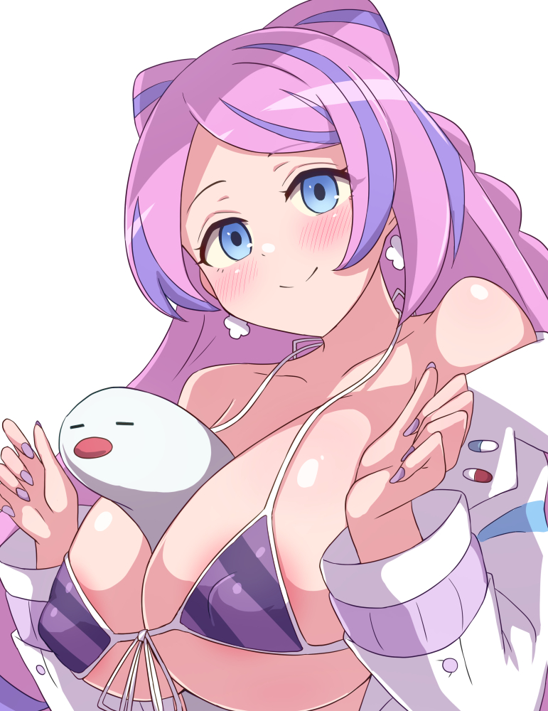 1girl areola_slip between_breasts bikini blue_eyes blush breasts collarbone covered_erect_nipples creatures_(company) earrings game_freak jewelry ka-9 lab_coat large_breasts long_hair miriam_(pokemon) multicolored_hair nail_polish nintendo off_shoulder pink_hair pokemon pokemon_sv purple_hair purple_nails smile swimsuit two-tone_hair upper_body white_background wiglett