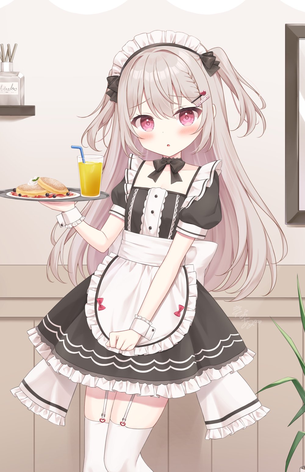 1girl :o black_dress blonde_hair bow bowtie bread breasts dress food fruit garter_straps grapes hair_ornament hair_over_eyes hairband hairpin hand_up highres holding holding_food japanese_clothes juice kinakon long_hair looking_at_viewer maid maid_headdress miko necktie orange_juice original plant restaurant sleeveless small_breasts standing tray