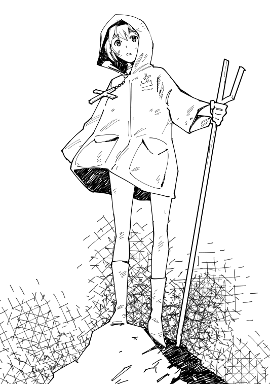 1girl boots cane commentary_request cross cross_necklace crosshatching dirty dirty_face full_body greyscale hatching_(texture) holding holding_cane hood hood_up jewelry jubilee_2025 knee_boots looking_at_viewer luce_(jubilee_2025) monochrome necklace ogata_kouji parted_lips raincoat short_hair solo standing standing_on_rock swept_bangs