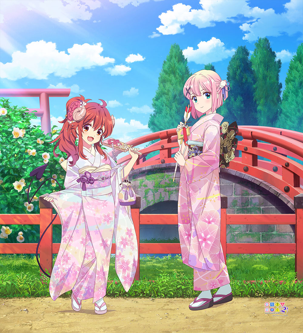 2girls ahoge blush bridge brown_eyes brown_hair curled_horns demon_girl demon_horns demon_tail fang fence floral_print floral_print_kimono flower grass hair_flower hair_ornament horns japanese_clothes kimono long_hair looking_at_viewer machikado_mazoku multiple_girls official_art open_mouth pink_hair pink_kimono ponytail print_kimono skin_fang stream tail temple third-party_source tree yoshida_yuuko_(machikado_mazoku)