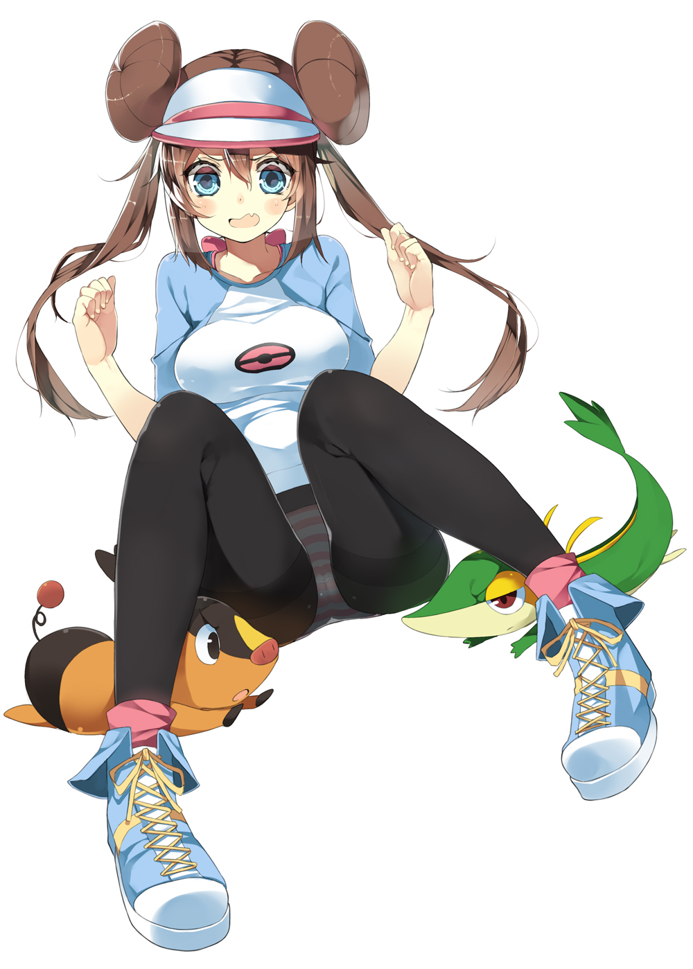 10s 1girl black_pantyhose blue_eyes blush breasts brown_hair cameltoe creatures_(company) double_bun donut_hair_bun fang full_body game_freak gen_5_pokemon hair_bun hat highres koba long_hair medium_breasts nintendo no_pants panties panties_under_pantyhose pantyhose pokemon pokemon_(creature) pokemon_bw2 raglan_sleeves rosa_(pokemon) shoes simple_background sitting skirt sneakers snivy striped_clothes striped_panties tepig thighband_pantyhose twintails underwear unworn_skirt visor_cap