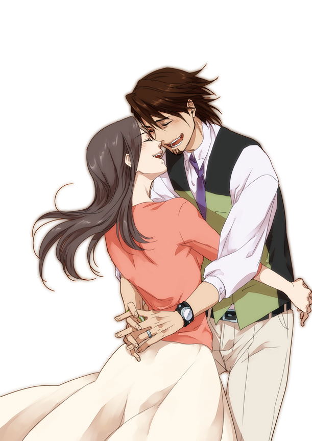 10s 1boy 1girl anth bad_id brown_eyes brown_hair couple facial_hair hetero hug husband_and_wife jewelry kaburagi_t._kotetsu kaburagi_tomoe long_hair necktie ring stubble tiger_&amp;_bunny vest waistcoat watch wedding_band wristwatch