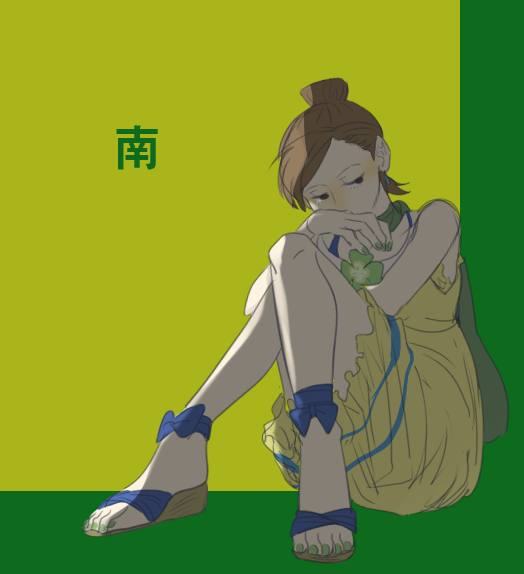 1girl ace_attorney alita_tiala blue_footwear brown_eyes brown_hair convenient_skirt dress earrings frilled_dress frills green_nails hair_bun hands_up jewelry kaburiburi knees_up platform_footwear sandals short_dress sitting sleeveless sleeveless_dress solo swept_bangs two-tone_background yellow_dress