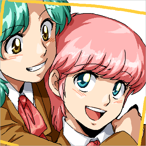 2girls :d aqua_hair close-up friends grin high_school!_kimengumi hug hug_from_behind kawa_yui lowres multiple_girls oekaki open_mouth pink_hair school_uniform short_hair smile teeth uru_chie zill_(lisalisa1983)