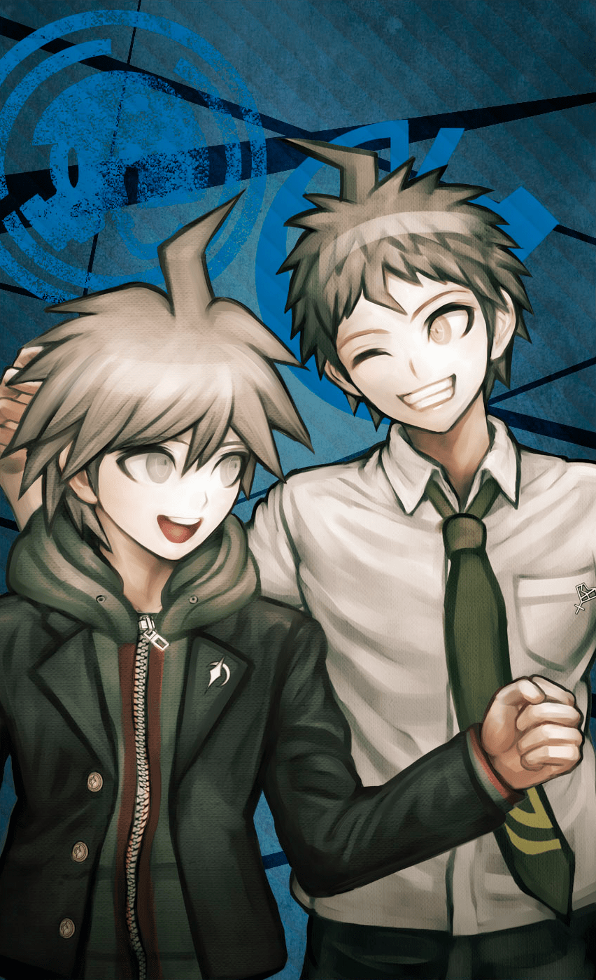 2boys ahoge brown_hair collared_shirt danganronpa:_trigger_happy_havoc danganronpa_(series) danganronpa_2:_goodbye_despair grey_eyes highres hinata_hajime hood hoodie jacket komatsuzaki_rui leather leather_jacket looking_at_another male_focus multiple_boys naegi_makoto necktie one_eye_closed open_mouth pin shirt smile spiked_hair teeth tongue upper_body yellow_eyes zipper