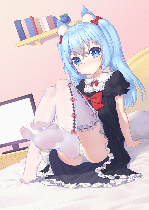 1girl animal_ear_fluff animal_ears arm_support black_dress blue_eyes blue_hair bow cat_ears chi_yei dress feet frilled_dress frilled_thighhighs frills hair_between_eyes hair_bow knees_together_feet_apart legs long_hair looking_down no_shoes on_bed original panties pantyshot pillow red_bow short_sleeves sitting soles solo television thighhighs toes underwear wavy_mouth white_panties