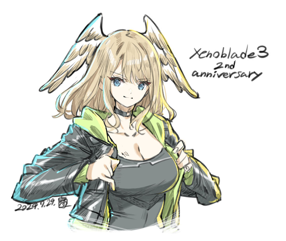 1girl adjusting_clothes anniversary black_bodysuit black_choker black_jacket blue_eyes bodysuit breast_tattoo breasts brown_hair choker cleavage closed_mouth collarbone commentary_request copyright_name cropped_torso dated eunie_(xenoblade) feathered_wings green_jacket head_wings jacket large_breasts looking_at_viewer medium_hair multicolored_jacket saitou_masatsugu simple_background smile solo split_mouth swept_bangs tattoo two-tone_jacket white_background wings xenoblade_chronicles_(series) xenoblade_chronicles_3