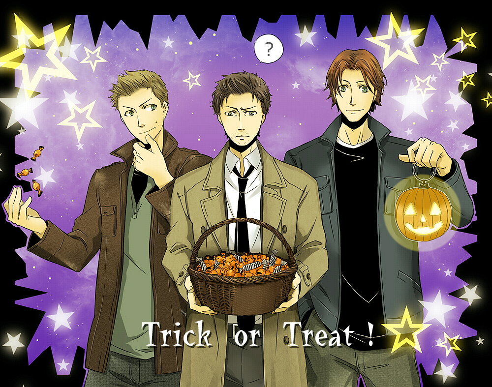 10s 3boys ? animification arufa@kara arufa@sora bad_id bad_pixiv_id basket brothers brown_eyes brown_hair candy castiel coat dean_winchester facial_hair food halloween jack-o&#039;-lantern male_focus multiple_boys necktie pumpkin sam_winchester siblings star_(symbol) stubble supernatural supernatural_(tv_series) trick_or_treat