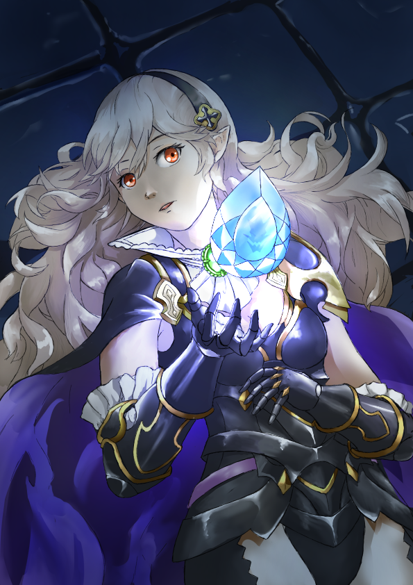 1girl alternate_costume armor black_armor breasts cape collared_shirt corrin_(female)_(fire_emblem) corrin_(female)_(nohr_noble)_(fire_emblem) corrin_(fire_emblem) fire_emblem fire_emblem_fates fire_emblem_heroes gloves hairband holding holding_weapon long_hair nintendo official_alternate_costume pointy_ears red_eyes shirt upper_body vidolus weapon white_hair