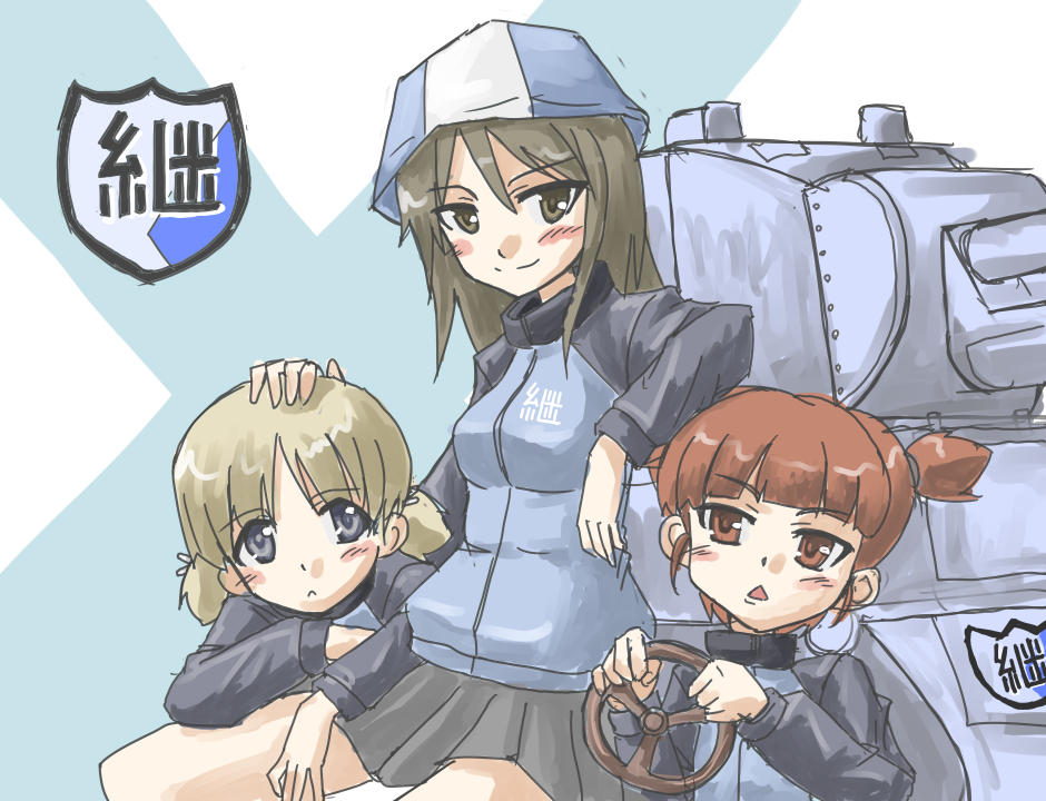 10s 3girls aki_(girls_und_panzer) black_eyes black_hair bt-42 caterpillar_tracks emblem girls_und_panzer hat higezamurai_(kurage_gunsou) keizoku_(emblem) keizoku_military_uniform light_brown_hair long_hair mika_(girls_und_panzer) mikko_(girls_und_panzer) military military_vehicle motor_vehicle multiple_girls short_hair smile tank twintails