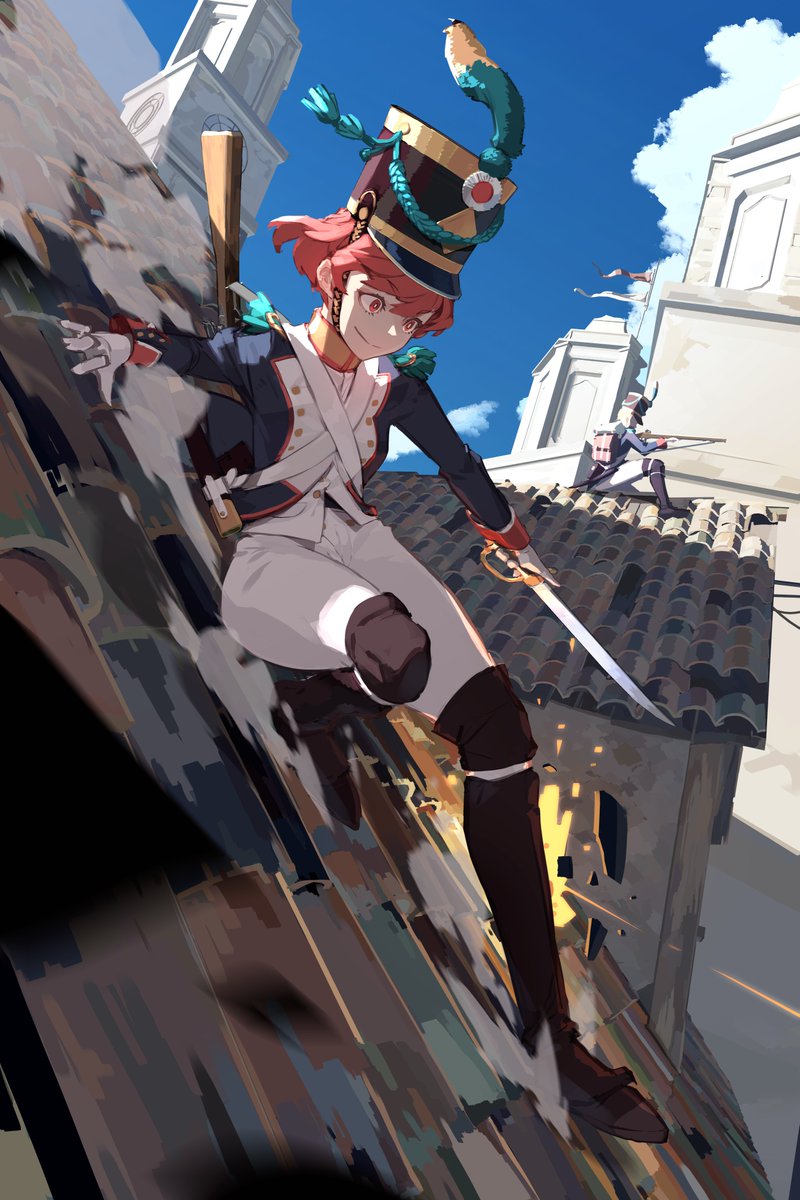 1girl antique_firearm blue_sky buttons epaulettes firearm french_army gun hat highres holding holding_sword holding_weapon military military_uniform on_roof original pants pink_hair seuhyo99 shako_cap sky sword weapon white_pants