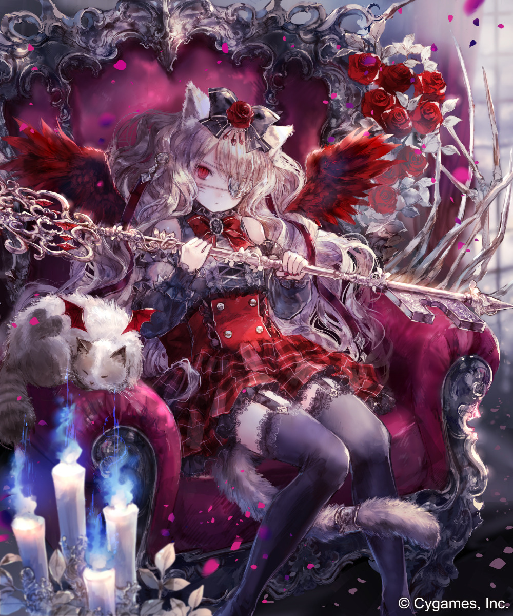 1girl animal_ears bare_shoulders black_thighhighs blonde_hair blue_fire blunt_bangs bow buller_(shingeki_no_bahamut) candle cat cat_ears cat_girl commentary copyright_notice cygames eyepatch falling_petals feet_out_of_frame fire flower frilled_skirt frills hair_bow highres long_hair onineko petals plaid_clothes plaid_skirt red_eyes red_flower red_rose red_wings rose shingeki_no_bahamut sitting skirt thighhighs throne wings