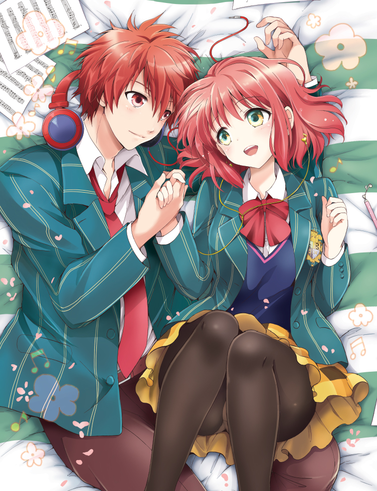 10s 1boy 1girl :d akina_tsukako beamed_quavers black_pantyhose blazer blush bow bowtie couple earphones headphones hetero holding_hands ittoki_otoya jacket lying musical_note nanami_haruka necktie on_back on_bed open_mouth panties panties_under_pantyhose pantyhose petals quaver red_eyes red_hair school_uniform sheet_music short_hair smile sweater_vest underwear uta_no_prince-sama yellow_eyes