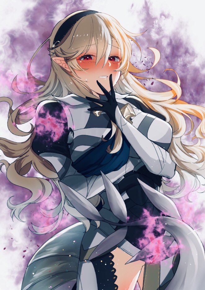 1girl armor aura blue_cape blush cape corrin_(female)_(fire_emblem) corrin_(fire_emblem) female_focus fire_emblem fire_emblem_fates fire_emblem_heroes gloves hair_between_eyes hair_ornament hairband long_hair looking_at_viewer nekolook nintendo pointy_ears red_eyes simple_background solo spoilers white_hair