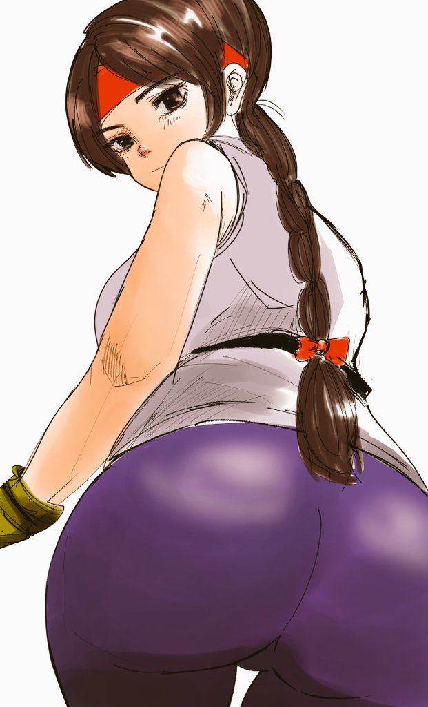 1girl ass ass_focus braid braided_ponytail breasts brown_eyes brown_hair dougi female_focus gloves headband huge_ass karate_gi looking_at_viewer looking_back matching_hair/eyes medium_breasts pants red_headband ryuuko_no_ken simple_background snk solo the_king_of_fighters tucon_b white_background yoga_pants yuri_sakazaki