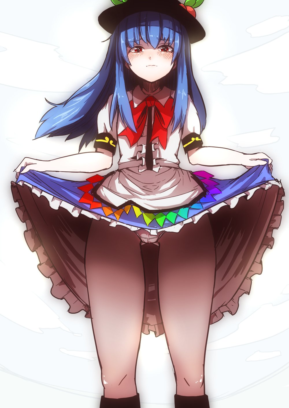 1girl black_headwear blue_hair blush bow bowtie center_frills closed_mouth clothes_lift collared_shirt commentary_request feet_out_of_frame food frills fruit highres hinanawi_tenshi leaf lifting_own_clothes long_hair looking_at_viewer panties panties_day peach rainbow_gradient red_bow red_bowtie red_eyes shirt short_sleeves simple_background skirt skirt_lift solo starraisins touhou underwear white_background white_panties white_shirt