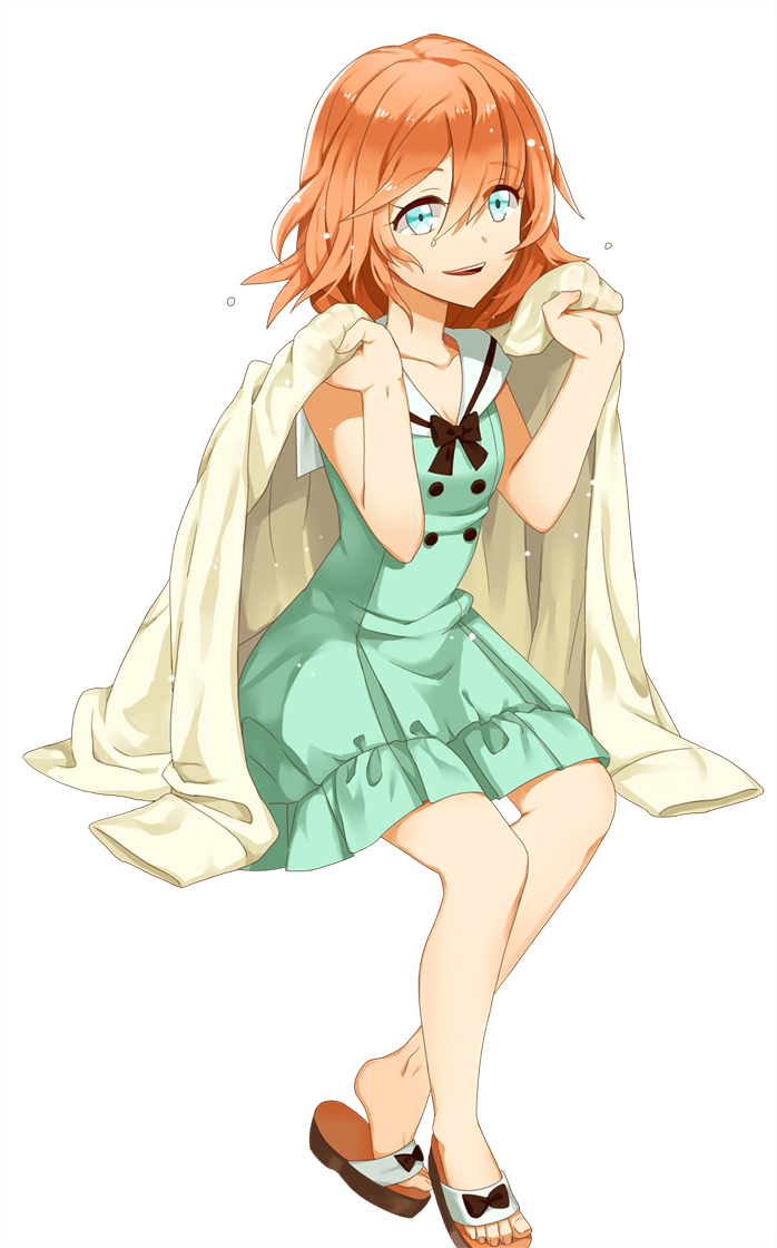 1girl anje blue_eyes coat dress orange_hair original sandals short_hair smile solo