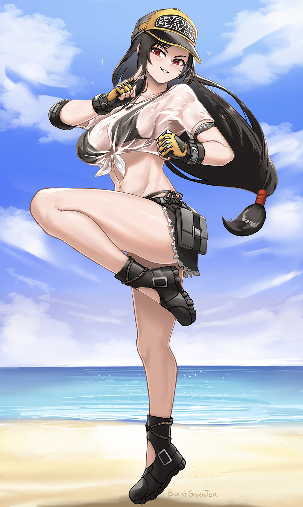 1girl armlet bare_legs baseball_cap beach bikini bikini_under_clothes black_bikini black_footwear black_hair blue_sky breasts burnt_green_tea cloud cloudy_sky collarbone commentary crop_top day denim denim_skirt earrings elbow_pads english_commentary fighting_stance final_fantasy final_fantasy_vii final_fantasy_vii_ever_crisis fingerless_gloves frayed_clothes frayed_skirt full_body gloves grey_skirt hat highleg highleg_bikini highres horizon index_finger_raised jewelry knee_up large_breasts lifeguard long_hair looking_at_viewer low-tied_long_hair midriff miniskirt navel ocean official_alternate_costume outdoors parted_lips red_eyes sand see-through_clothes see-through_shirt shirt short_sleeves side-tie_bikini_bottom single_earring single_elbow_pad skirt sky smile solo standing standing_on_one_leg swimsuit thighs tied_shirt tifa_lockhart tifa_lockhart_(lifeguard) tiptoes two-tone_headwear wet wet_clothes wet_shirt whistle whistle_around_neck