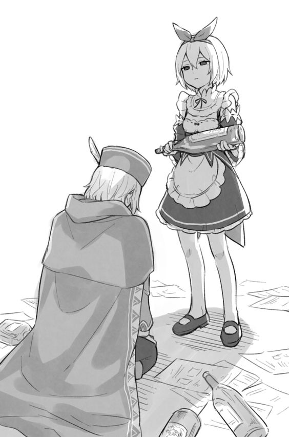 1boy 1girl artist_request bottle cape empty_eyes hat holding holding_bottle monochrome otto_suewen paper petra_leyte punishment re:zero_kara_hajimeru_isekai_seikatsu roswaal_mansion_maid_uniform seiza short_hair sitting