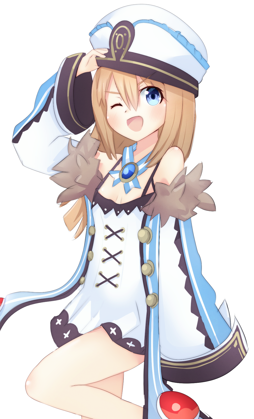 1girl ;d adjusting_clothes adjusting_headwear bare_legs bare_shoulders blanc_(neptunia) blanc_(neptunia)_(cosplay) blue_eyes breasts brown_hair cleavage coat cosplay daenu dress fur-trimmed_coat fur_trim hair_between_eyes hand_up happy hat highres knee_up light_brown_hair long_hair long_sleeves neptune_(series) off-shoulder_coat off_shoulder one_eye_closed open_clothes open_coat open_mouth ram_(neptunia) small_breasts smile solo spaghetti_strap standing standing_on_one_leg white_coat white_dress wide_sleeves