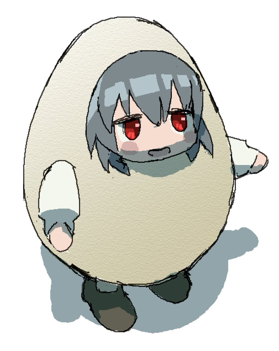 1girl bad_id bad_twitter_id blush_stickers cookie_(touhou) egg_costume full_body grey_hair highres nazrin nyon_(cookie) oekaki open_mouth pantsu-ripper red_eyes short_hair simple_background smile solo touhou white_background