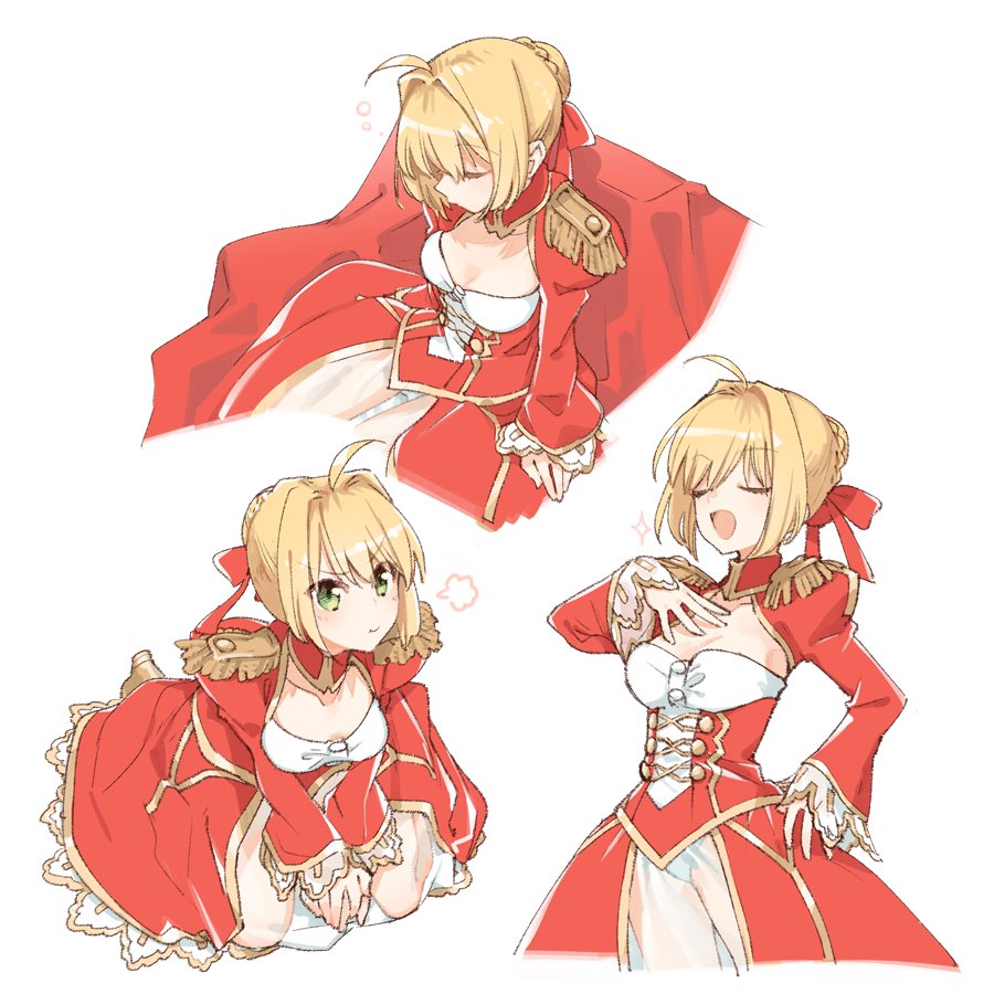 &gt;:t 10s 1girl :t ahoge blonde_hair closed_eyes fate/extra fate_(series) green_eyes hair_intakes hand_on_own_hip hand_on_own_chest multiple_views nakatani nero_claudius_(fate) nero_claudius_(fate) nero_claudius_(fate/extra) open_mouth pout seiza simple_background sitting sleeping thighhighs v-shaped_eyebrows