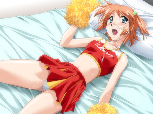 1girl bed blue_eyes blush cheerleader covered_erect_nipples cum cum_on_body cum_on_clothes cum_on_hair dutch_angle facial open_mouth panties pantyshot pillow sagara_family sagara_ruruka spread_legs sweat tongue underwear zyx