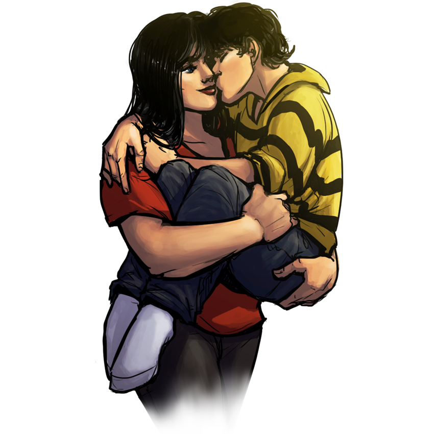 1boy 1girl big_barda black_hair carrying couple dc_comics hetero hood hoodie hug kiss princess_carry red_shirt scott_free shirt smile