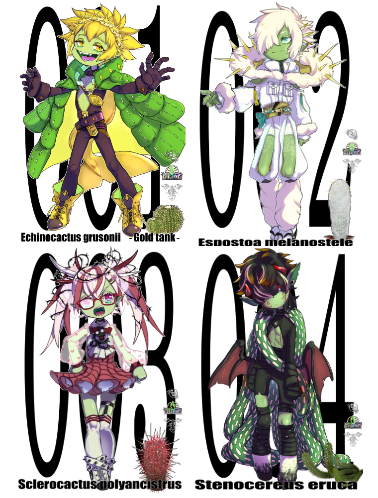 1girl 3boys black_hair black_pants blonde_hair blue_eyes cactus cactus_boy cactus_girl character_name coat colored_skin glasses green_coat green_skin haisaka_r legwear_garter monster_boy monster_girl multiple_boys open_mouth original pants personification pink_eyes plant_boy plant_girl pointy_ears red_eyes single_legwear_garter skirt socks white_hair white_socks yellow_eyes yellow_footwear