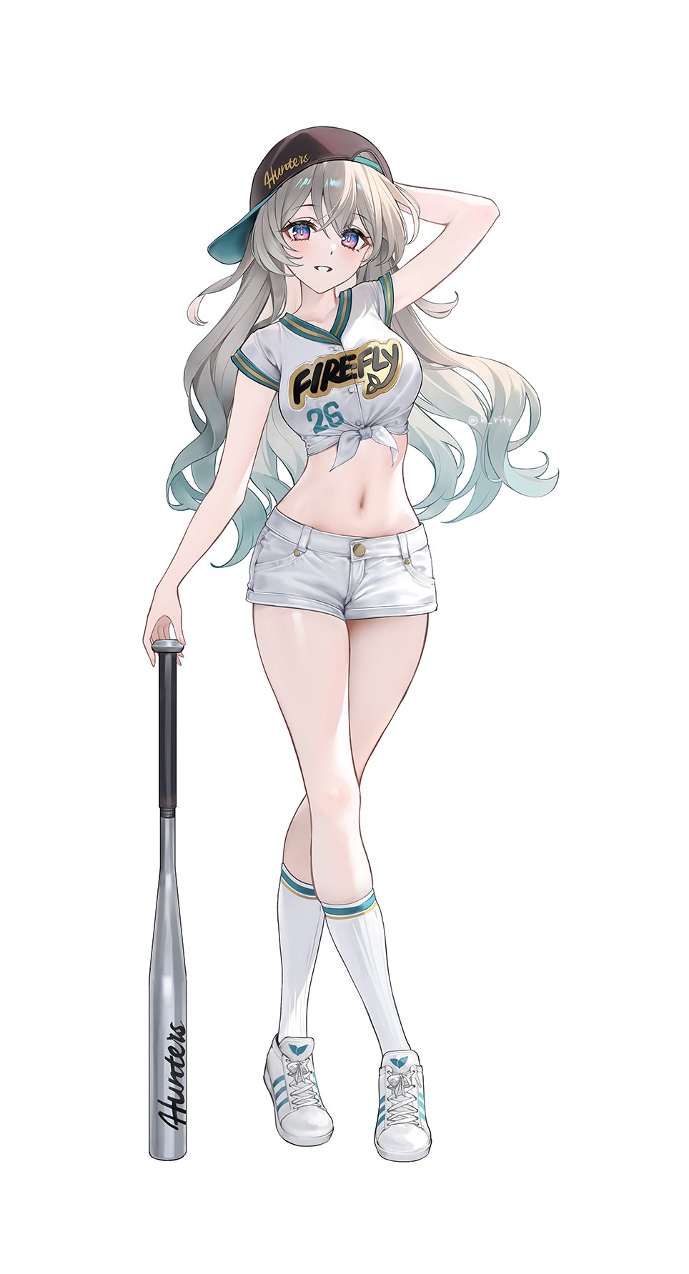 1girl alternate_costume aqua_hair arm_up backwards_hat baseball_bat baseball_cap black_hat breasts clothes_writing crop_top crossed_legs firefly_(honkai:_star_rail) full_body gradient_hair grey_hair grin hat highres honkai:_star_rail honkai_(series) kneehighs looking_at_viewer medium_breasts midriff multicolored_hair navel purple_eyes rity shirt shoes short_shorts shorts simple_background smile sneakers socks solo standing stomach thighs tied_shirt watson_cross white_background white_footwear white_shorts white_socks