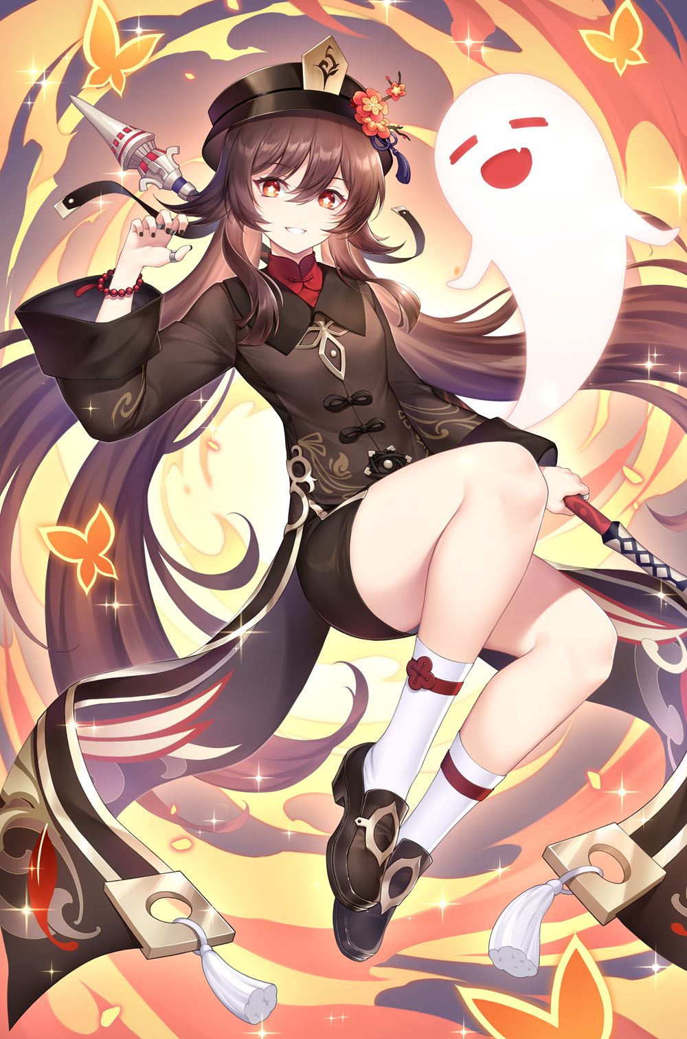 1girl bare_legs bead_bracelet beads black_footwear black_headwear black_jacket black_nails black_shorts boo_tao_(genshin_impact) bracelet brown_hair commentary genshin_impact grin hand_up highres holding holding_polearm holding_weapon hu_tao_(genshin_impact) jacket jewelry long_hair long_sleeves looking_at_viewer nail_polish nasaniliu polearm red_eyes shoes short_shorts shorts smile socks solo spear thighs twintails very_long_hair weapon white_socks wide_sleeves