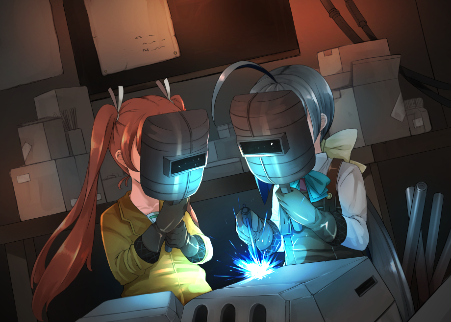 10s 2girls ahoge brown_hair comah gloves kantai_collection kiyoshimo_(kancolle) libeccio_(kancolle) machinery multiple_girls ship_turret silver_hair twintails welding welding_mask