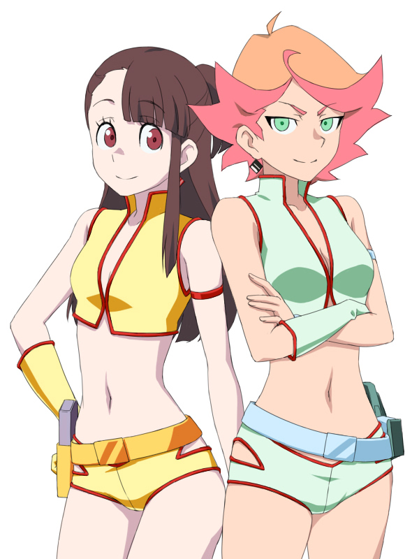 2girls amanda_o&#039;neill belt breasts brown_hair cleavage cosplay crop_top crossed_arms dirty_pair gloves green_eyes gun hand_on_own_hip holster kagari_atsuko kei_(dirty_pair) little_witch_academia long_hair looking_at_viewer midriff multiple_girls navel orange_hair red_eyes satochi short_hair single_glove weapon yuri_(dirty_pair)