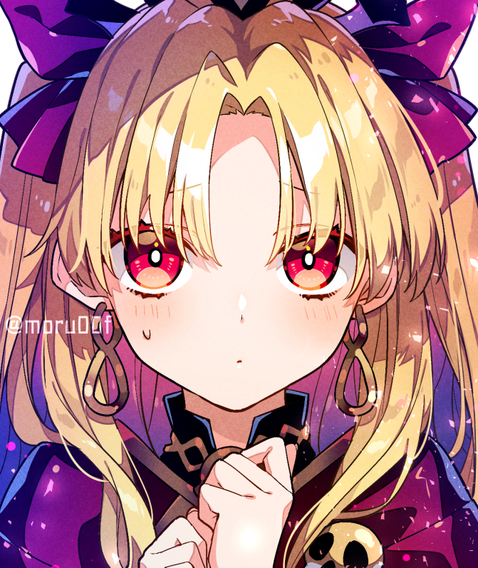 1girl blonde_hair cape closed_mouth commentary_request earrings ereshkigal_(fate) fate/grand_order fate_(series) forehead hair_ribbon jewelry long_hair looking_at_viewer moru parted_bangs red_cape red_eyes red_ribbon ribbon solo sweatdrop twitter_username two_side_up upper_body