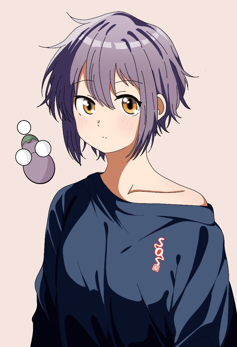 1girl blue_sweater highres looking_at_viewer nagato_yuki official_alternate_costume purple_hair short_hair simple_background single_off_shoulder solo suzumiya_haruhi-chan_no_yuuutsu suzumiya_haruhi_no_yuuutsu sweater upper_body yellow_eyes yuiyu_ki