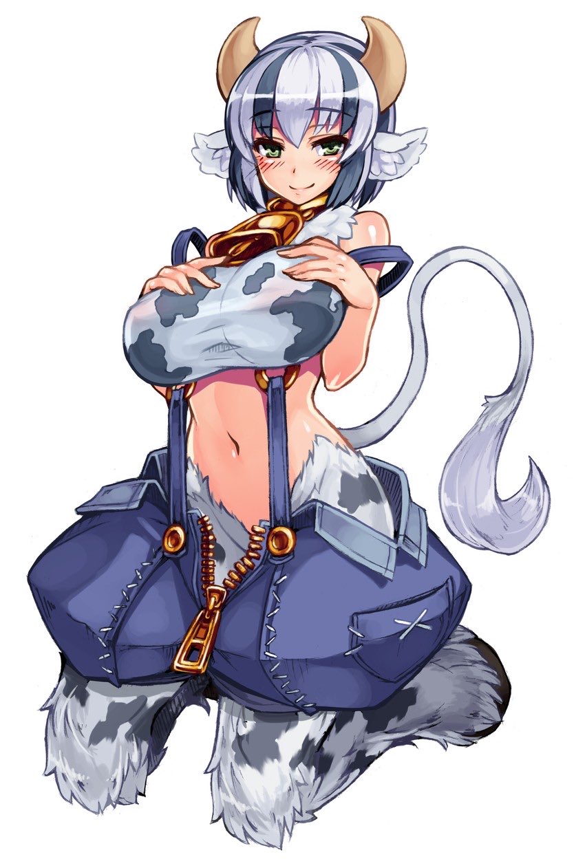 1girl animal_ear_fluff animal_ears animal_print bare_shoulders bell blue_hair blush breasts collar cow_ears cow_girl cow_hooves cow_horns cow_print cow_tail cowbell grabbing_own_breast green_eyes happy highres holstaur_(monster_girl_encyclopedia) hooves horns kenkou_cross large_breasts looking_at_viewer mascot midriff monster_girl monster_girl_encyclopedia multicolored_hair neck_bell no_bra official_art revealing_clothes sagging_breasts see-through_clothes short_hair simple_background smile solo suspenders tail two-tone_hair unzipped_pants white_background white_hair zipper