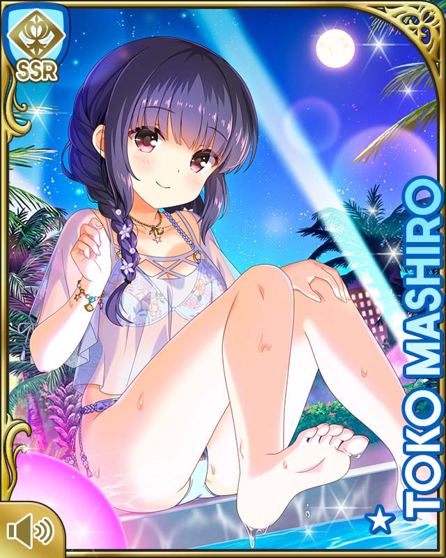 1girl bare_arms bare_legs barefoot bikini black_hair bow card_(medium) character_name closed_mouth flower full_moon girlfriend_(kari) grey_eyes hair_flower hair_ornament looking_at_viewer mashiro_toko midriff moon navel night official_art outdoors palm_tree pink_flower pool poolside qp:flapper ribbon see-through see-through_shirt shirt sitting swimsuit tagme tree tropical white_bikini white_bow