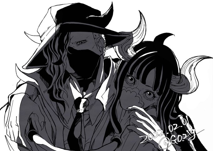 arm_over_shoulder brother_and_sister go_21g greyscale hair_over_one_eye hat horns long_hair mask monochrome necktie one_piece page_one_(one_piece) siblings signature ulti_(one_piece)