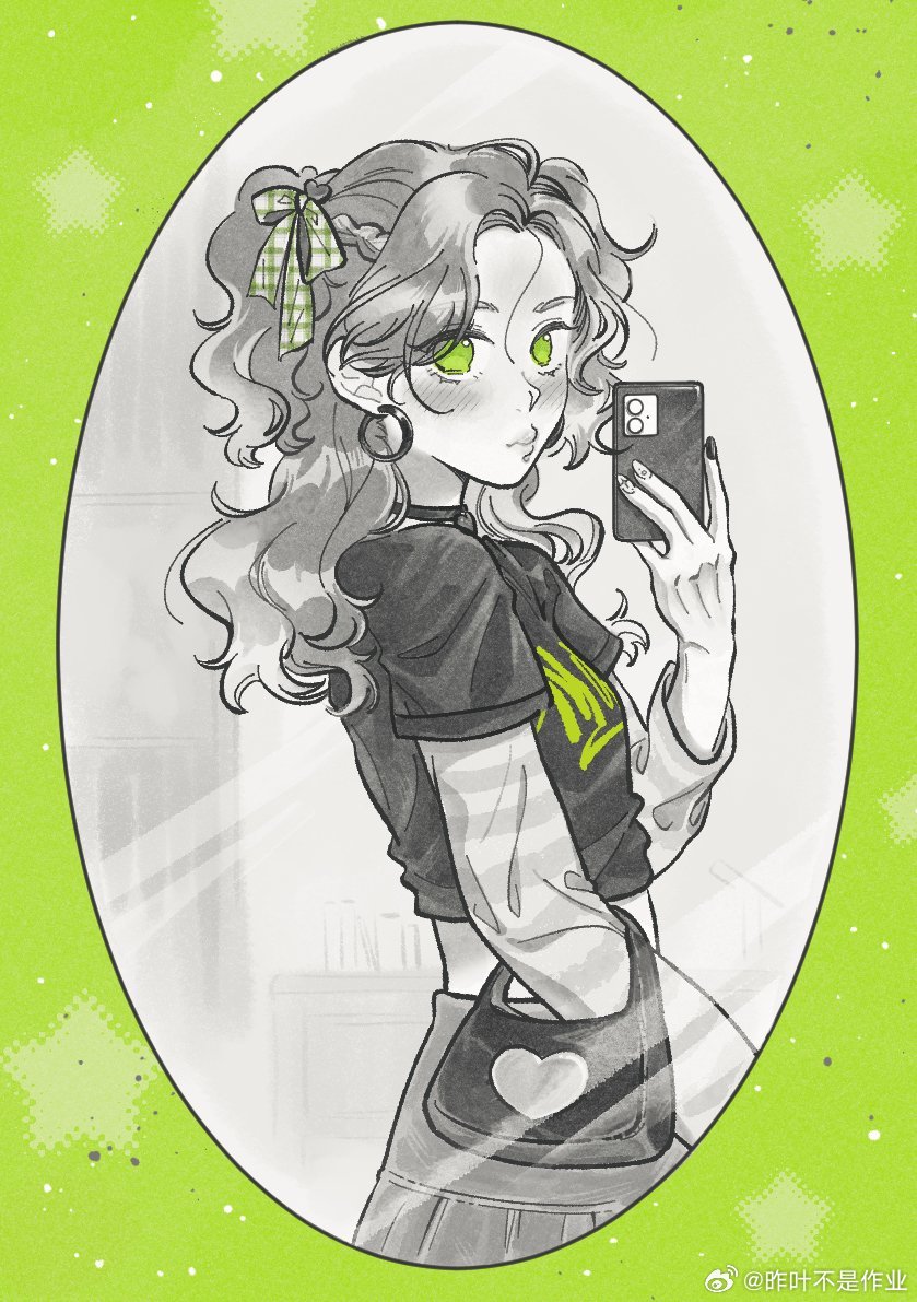 1girl bag blush braid cellphone chinese_commentary closed_mouth commentary_request earrings green_background green_eyes hair_ribbon halftone handbag holding holding_phone hoop_earrings jewelry kininatteru_hito_ga_otoko_ja_nakatta layered_sleeves long_hair long_sleeves looking_at_viewer nail_polish oosawa_aya oval oval_image partially_colored phone ribbon selfie shirt short_over_long_sleeves short_sleeves skirt smartphone solo spot_color star_(symbol) t-shirt textless_version upper_body watermark wavy_hair weibo_watermark zuo_ye_bushi_zuoye