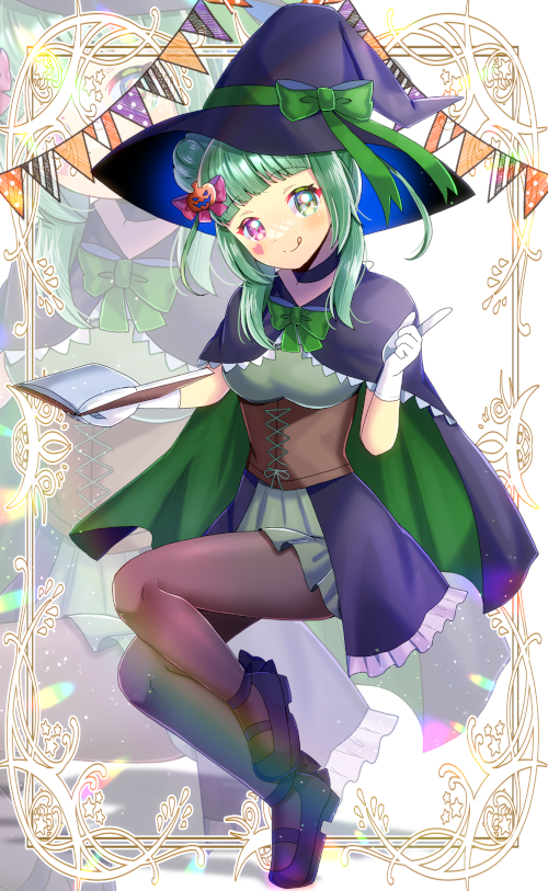 1girl :q black_cloak black_footwear black_skirt blush book bow breasts brown_pantyhose cloak closed_mouth coat commentary_request commission facial_mark frilled_skirt frills full_body gloves green_bow green_eyes green_hair green_shirt hair_bun hat hat_bow heart heterochromia holding holding_book kou_hiyoyo long_hair medium_breasts open_clothes open_coat original pantyhose pennant pleated_skirt purple_eyes shirt shoes simple_background sitting skeb_commission skirt smile solo string_of_flags tongue tongue_out underbust white_background white_gloves witch_hat zoom_layer